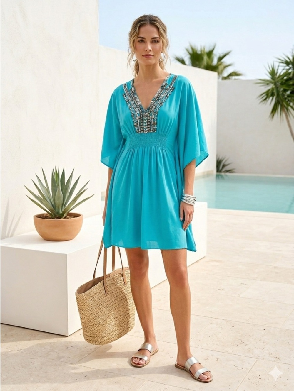 Sachin + Babi Turquoise Blue Silk Sequin Embellished Kaftan Coverup Dress - XS